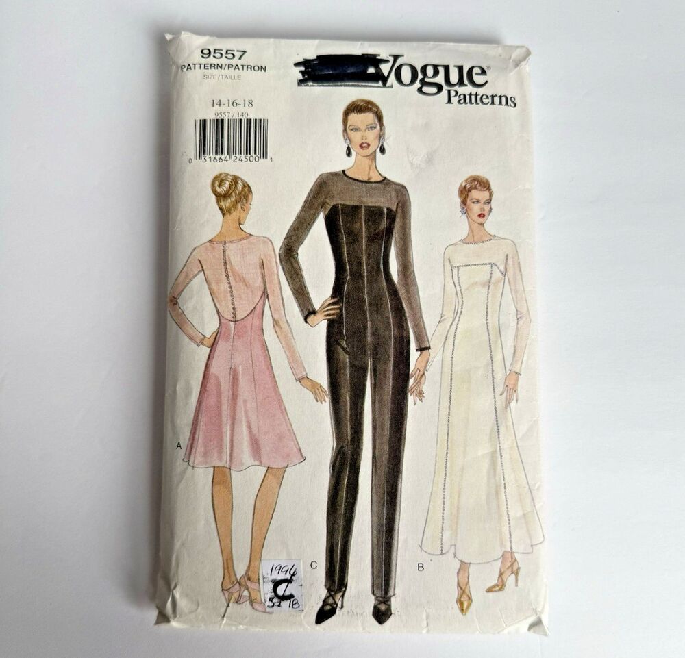 Vtg 90's Vogue 9557 Sewing Pattern Dress Bodysuit Skater Dress Sheer Back 14-18
